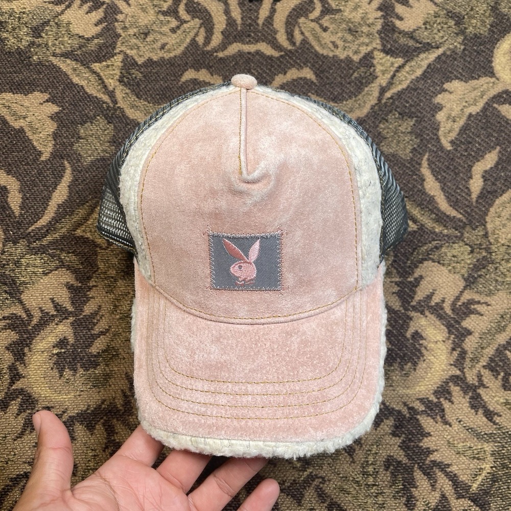 Vtg Y2K Playboy Pink Suede Sherpa Gray Trucker Mens Hat Mesh